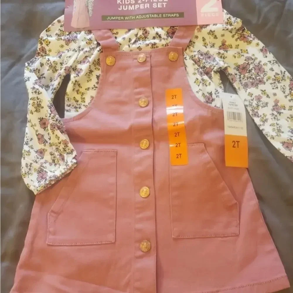 #5 BCBG Girls Kids' 2-piece Pink Romper Skirt Set with Floral Long sleeve Shirt